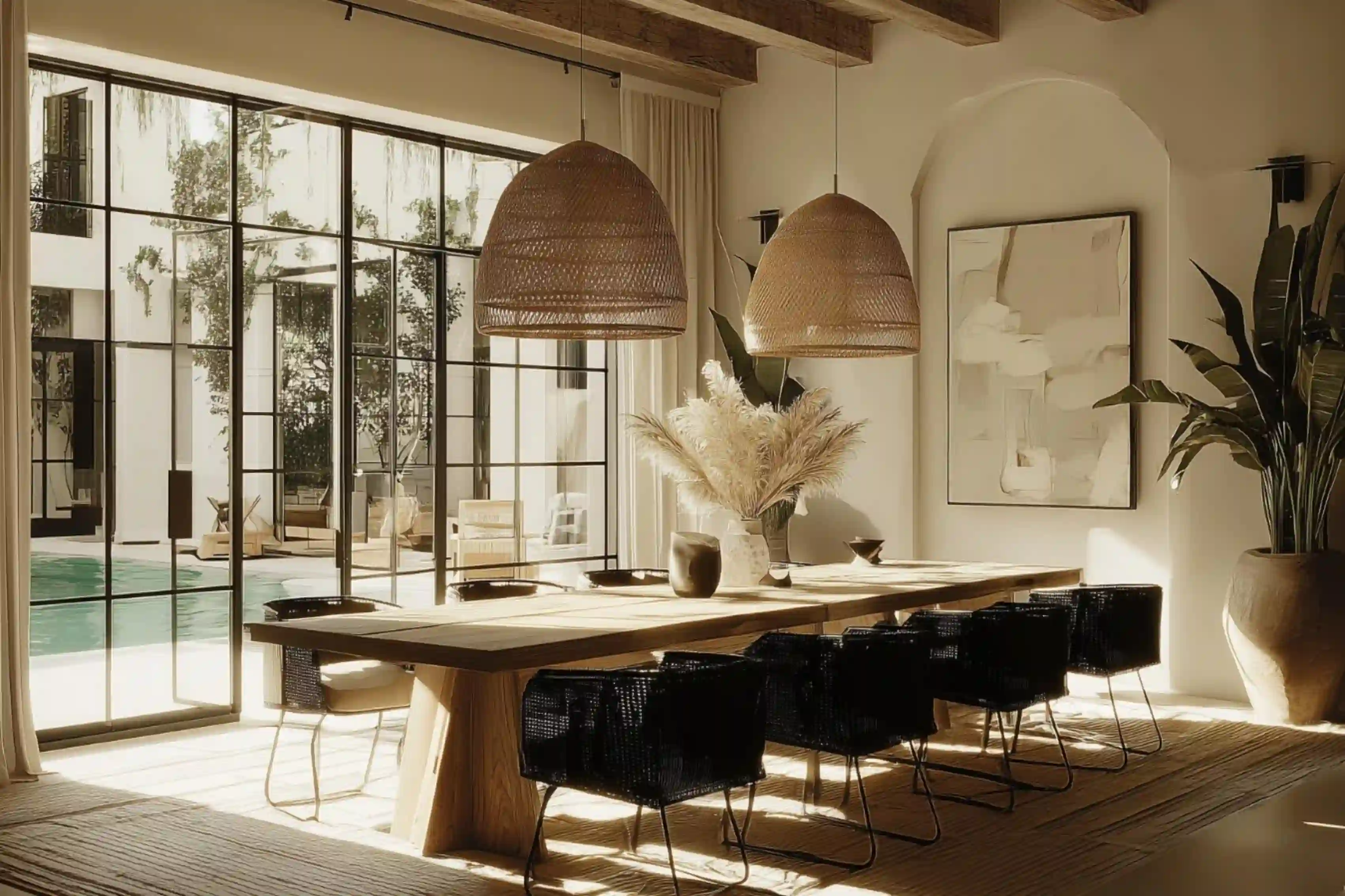 The Terra Residence - Rustic modern dining room opening to the pool with indoor-outdoor flow - Ai Spaces LLC.webp